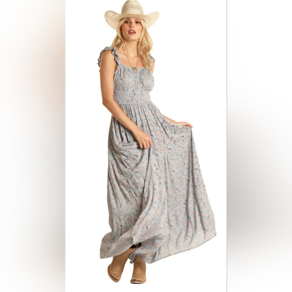ROCK & ROLL DENIM Sleeveless Flowy Stretch Long Maxi Dress Blue Floral large